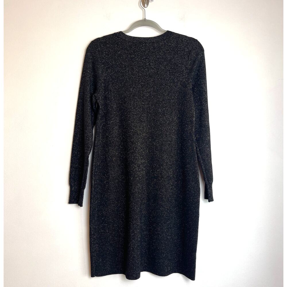 LOFT Black Gold Metallic Sweater Dress Size M Long Sleeves Stretch Holiday Shine - Picture 2 of 6